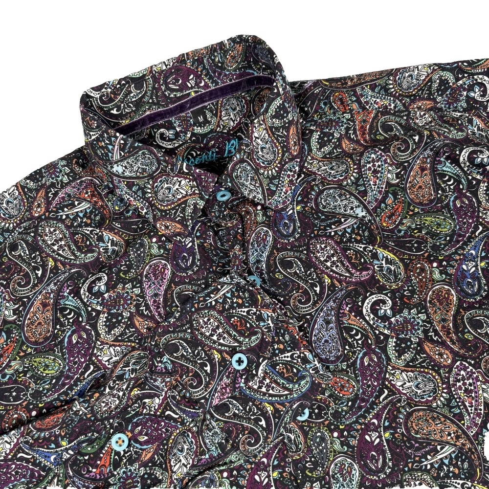 Visconti Black Shirt Men's M Purple Paisley Cotton Button Down Made in Turkey